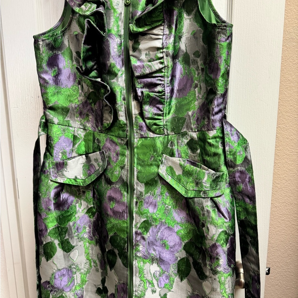 Green and Purple Floral Sleeveless Jaquard Dress - Picture 8 of 12